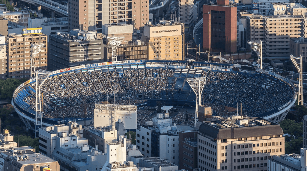 Yokohama Stadium, home of the DeNA BayStars, as seen from above. The beautiful open-air stadium is a true mecca of baseball in Japan, and will play host to thousands of fans when baseball returns to the Olympics next year. JapanBall