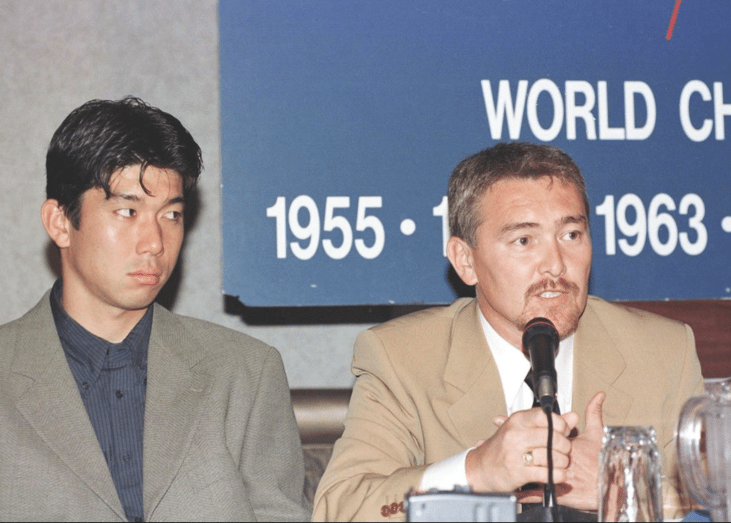 Baseball agent Don Nomura, right, joins Dodgers' pitcher Hideo Nomo at his introductory press conference in 1995. As Nomo's agent, Nomura became the first sports agent to negotiate for players in Japan and helped bring the first Japanese superstars to Major League Baseball.