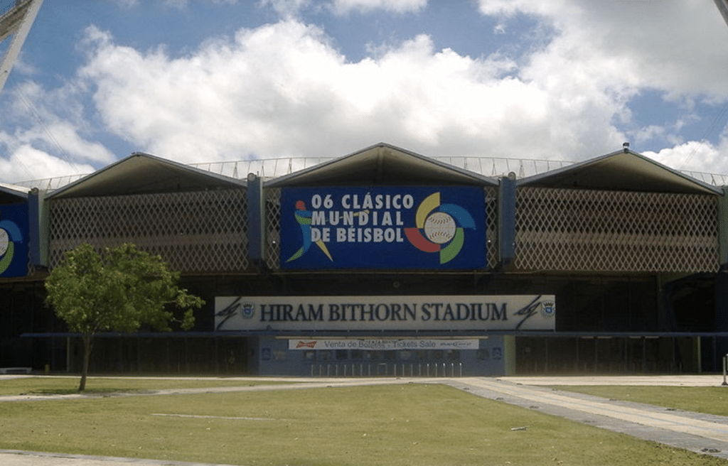 The stadium as seen from outside, with a large sign celebrating the '06 WBC hosting gig. The stadium has hosted numerous international baseball games, as well MLB's Expos for a short time in 2003.