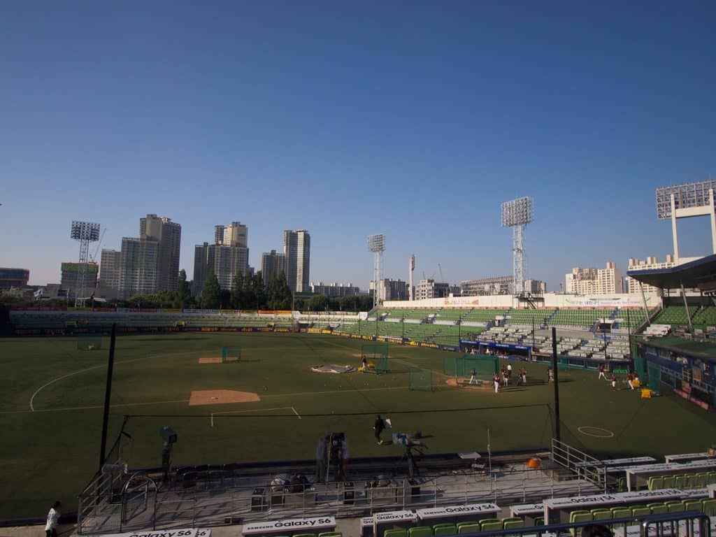 Daegu Samsung Lions Park during a practice in 2015. Daegu is not only home to some of the quirkiest baseball played in the KBO, as well as some of the best fried chicken in the area. Photo taken from Wikimedia Commons