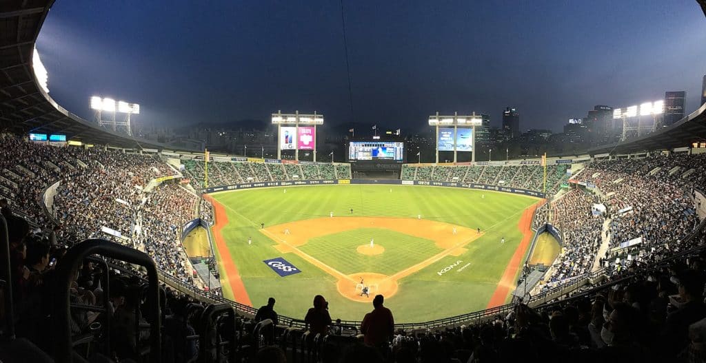 Jamsil Baseball Stadium in Seoul during a 2017 game. Home to six games a week during the season, this is the crown jewel of baseball in Korea, and is a must-see for any visitor to the South Korean capital. Photo taken from Wikimedia Commons