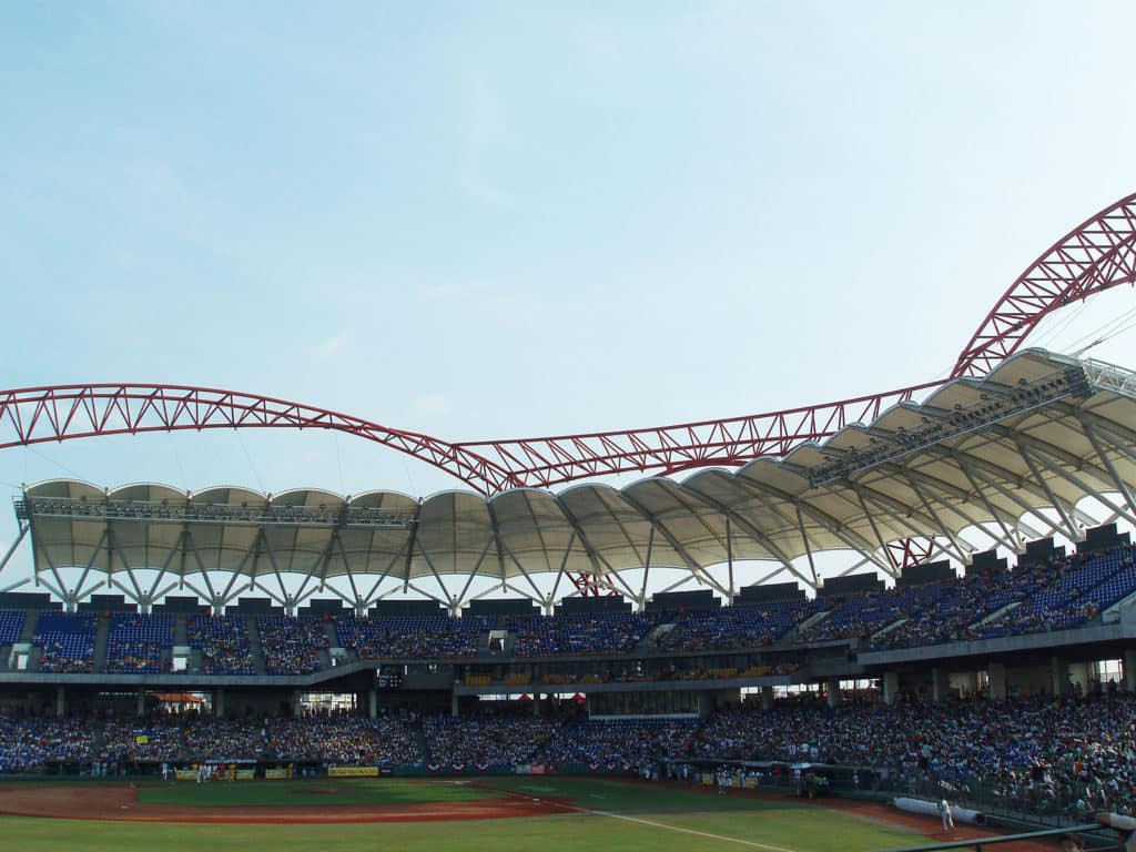 Taichung Intercontinental Stadium during a 2008 game. Taichung has been home to a number of international matchups, along with being a premiere location in the Chinese Professional Baseball League. Photo taken from Wikimedia Commons